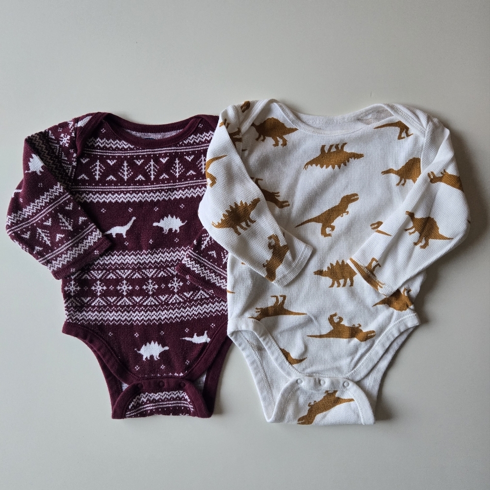 🌺 2Pack Old Navy Dinosaur Pattern Thermal-Knit Bodysuits Onesies